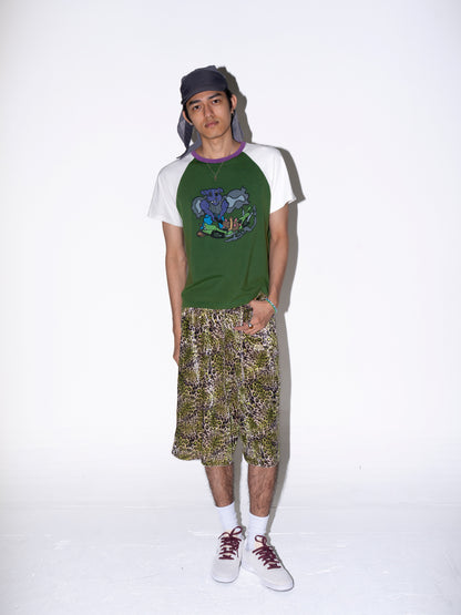 Golden Green Leopard Print Velvet Shorts